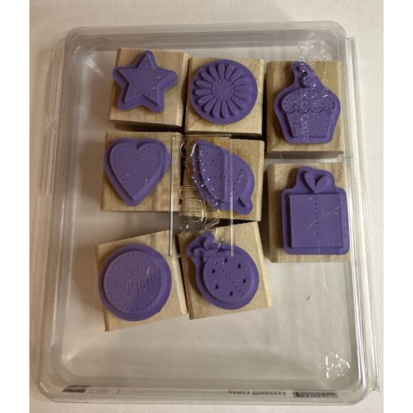 Stampin Up Darling Dots Wood Stamp Set of 8 Cupcake, Present, Heart, Ladybug, - Picture 3 of 4